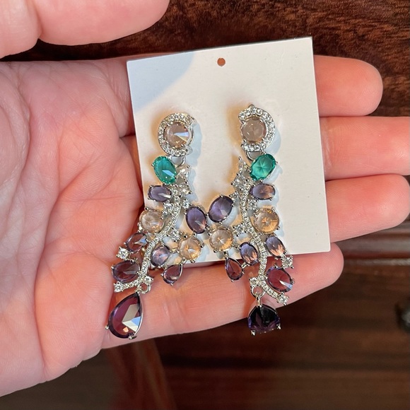 Cubic Zirconia Purple Green Drop Stud Earrings - Picture 7 of 8